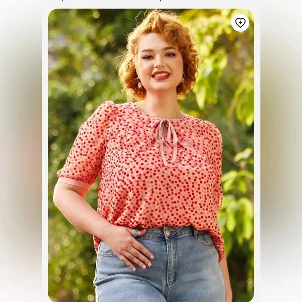 MODCLOTH Confetti Confection Tie-Neck Blouse Pink/Red Size 1X